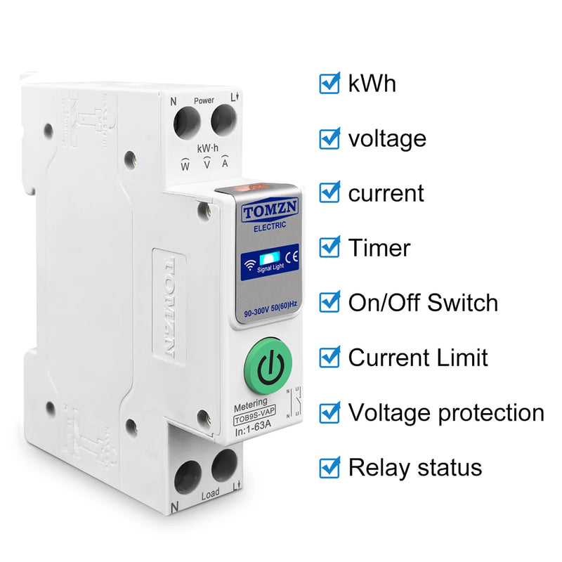 TOMZN 63A WIFI Smart Switch Energy Meter Kwh Metering Monitoring Circuit Breaker Timer Relay MCB TUYA Smartlife 1P+N