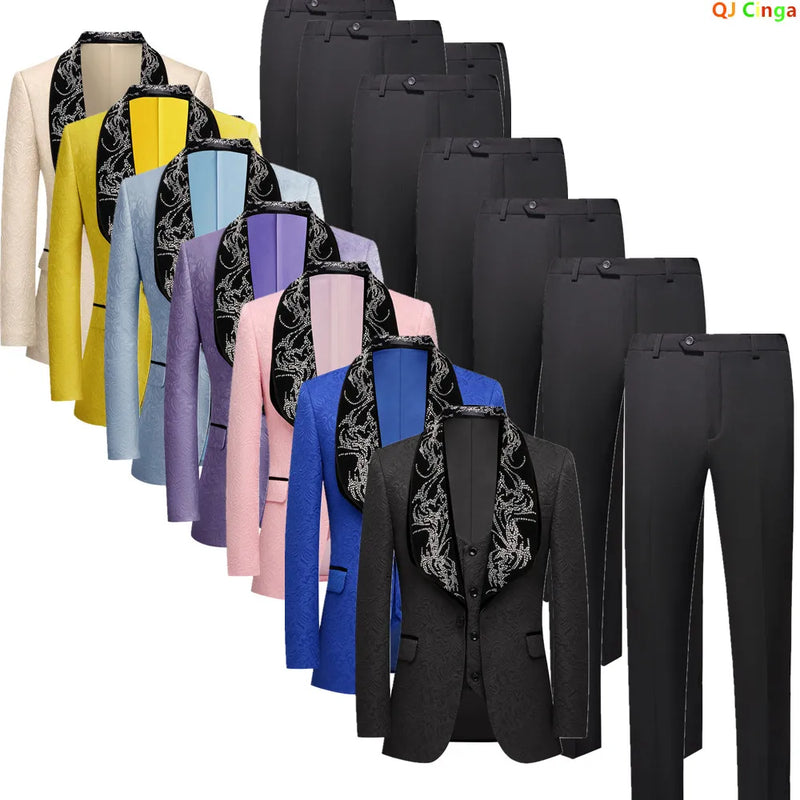 Red Men's Three-piece Suit Set Featuring A Jacquard Jacket and Vest Paired with Pants. Blue, Green, Purple, Pink, and White.