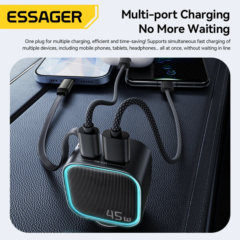 ឆ្នាំងសាករថយន្ត ESSAGER 45W ជាមួយខ្សែរ 75CM អាចដកថយបាន PD សាកថ្មលឿន 3 រន្ធ USB C & A សម្រាប់ iPhone 17 16 15 Huawei iPad