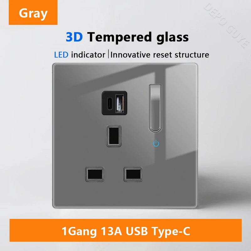 Wall Light Switch Panel LED Indicator UK EU FR Universal USB C Electrical Socket Piano Key Self-reset Wall Switches TV Computer