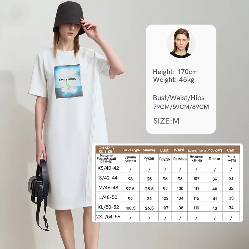 AMII Women Minimalist Summer Casual Dresses 2026 New Print Round Neck Short Sleeve Dress Lady Fashion Woman Clothes 12522003