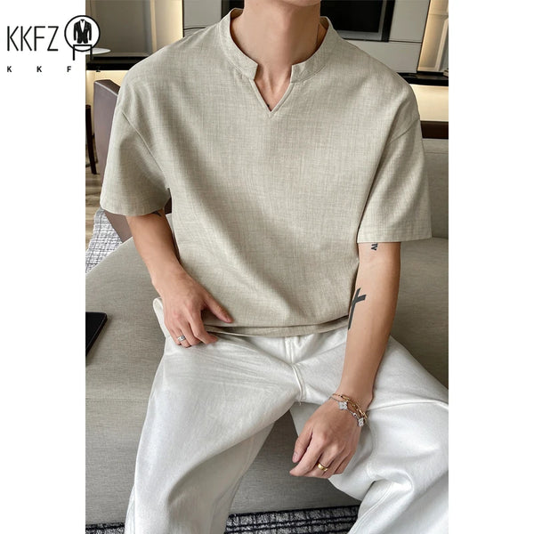 Mens Stand Collar Half Open Short Sleeve Blouse Lightweight Thin Fabric Relaxed Fit Outdoor Vacation Tees