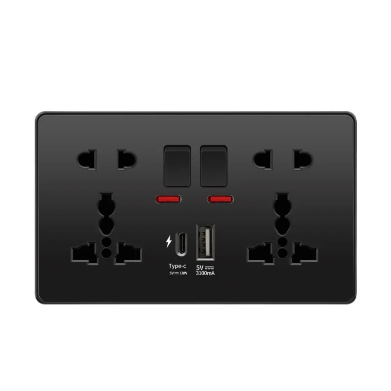 Black Uk 13A Smart Fast Charging Type C18W Charging Socket,1gang2way Wall Light Switch ,Universal Double Five-hole USB C Outlet