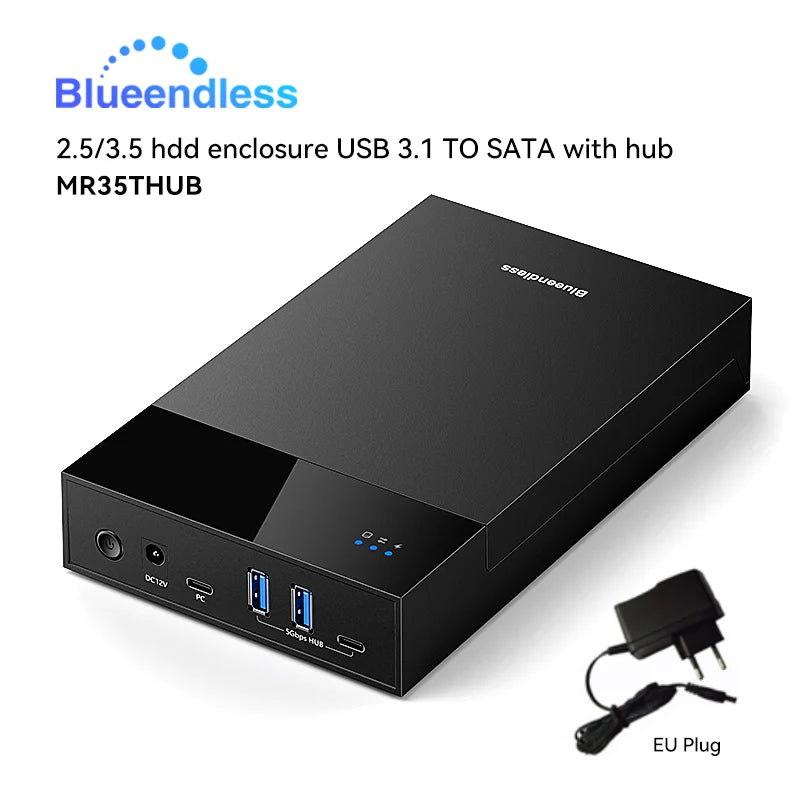 ប្រអប់ Blueendless 2.5/3.5 HDD/SSD ជាមួយ USB3.0 HUB គាំទ្រអាដាប់ទ័រ 18TB ប្រភេទ C ទៅ SATA ប្រអប់ HDD ឥតគិតថ្លៃជាមួយអាដាប់ទ័រថាមពល 12V