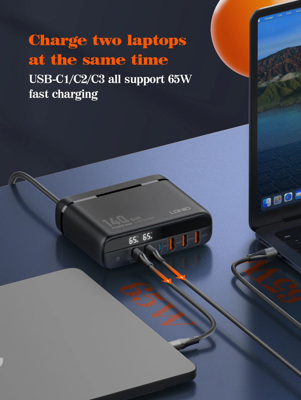 ឧបករណ៍សាកថ្ម LDNIO 140W GaN សម្រាប់ធ្វើដំណើរអន្តរជាតិ USB C ឆ្នាំងសាក រន្ធ 100W អេក្រង់ LED AU US UK EU ស្ថានីយ៍សាកថ្មជញ្ជាំង