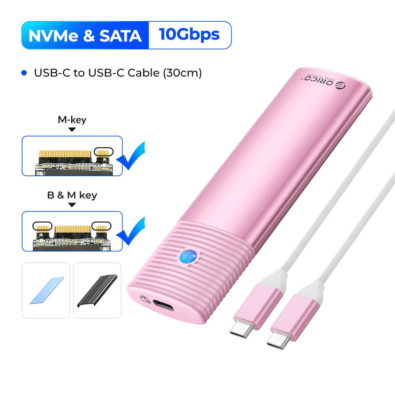 ORICO M2 SSD Enclosure NVMe NGFF 10Gbps PCIe M.2 SSD Case Portable USB C 3.2Gen2 Tool Free External Adapter with Metal Heat Sink