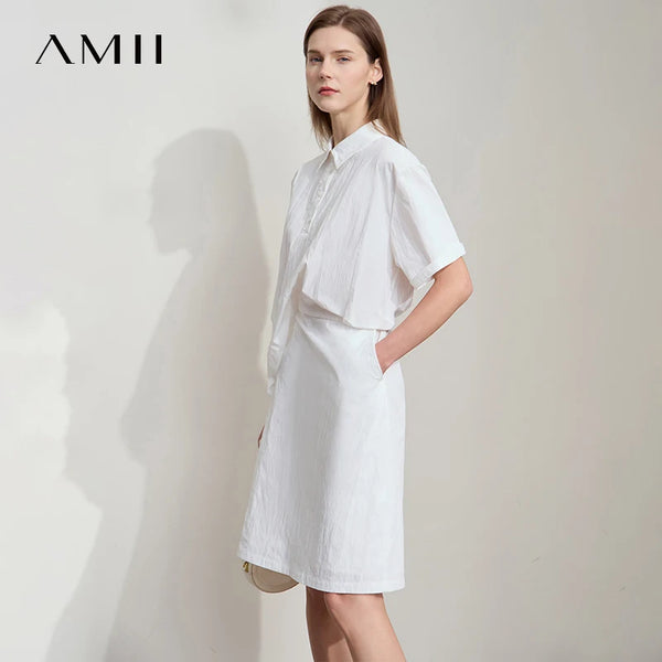 Amii Minimalist Premium Shirtdress Women 2026 Summer New Office Lady Casual Half Placket Solid Pleated Straight Dresses 12522068