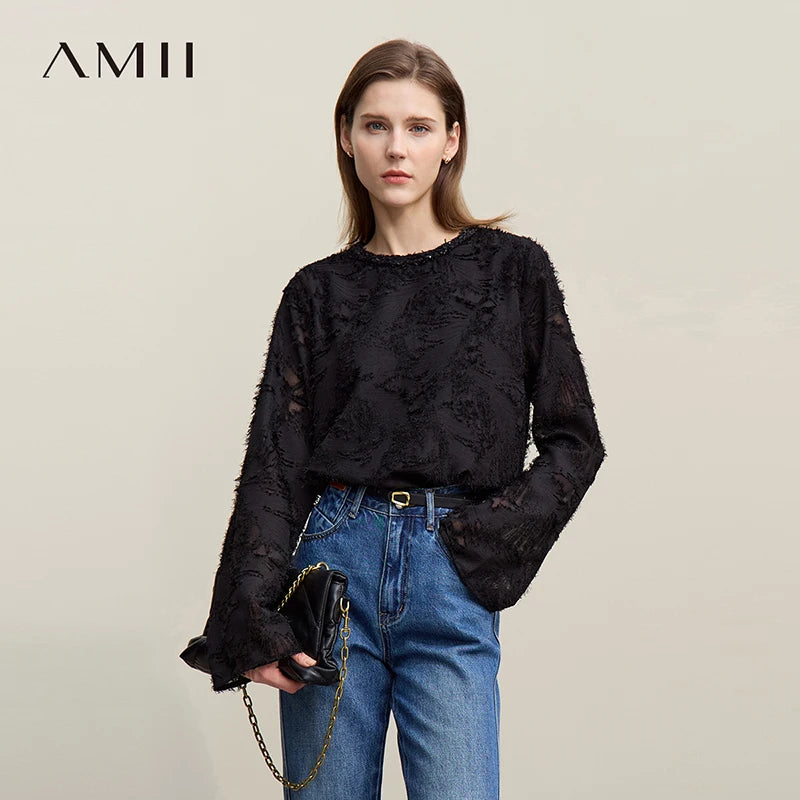 អាវស្រី Amii រដូវស្លឹកឈើជ្រុះឆ្នាំ ២០២៦ កមូលថ្មីឆើតឆាយត្រង់អាវក្រណាត់ chiffon អាវដៃវែងសម្រាប់ស្ត្រីធ្វើដំណើរ 12611033