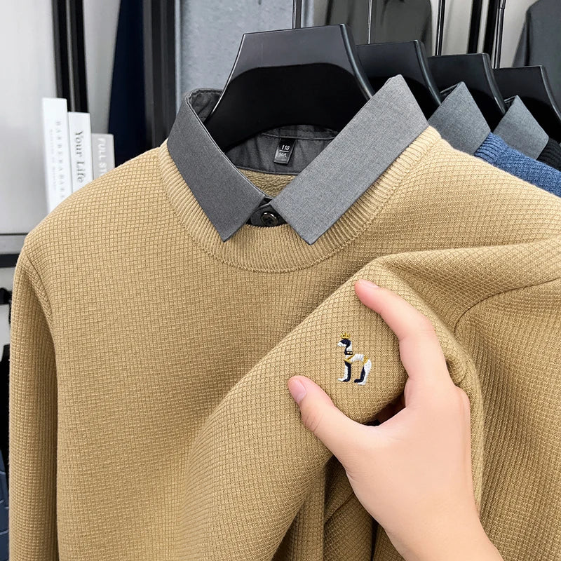 Luxury Men Long Sleeved Fake Two-Piece Knitted Sweater Fleece-Lined Thickened Embroidery Contains Wool Winter Keep Warm Sweater