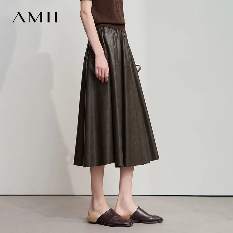 AMII Minimalist Woman Black Midi Skirt 2026 Autumn Vintage Loose Luxury Party PU Leather Skirts Casual A Line Skirts 12543028