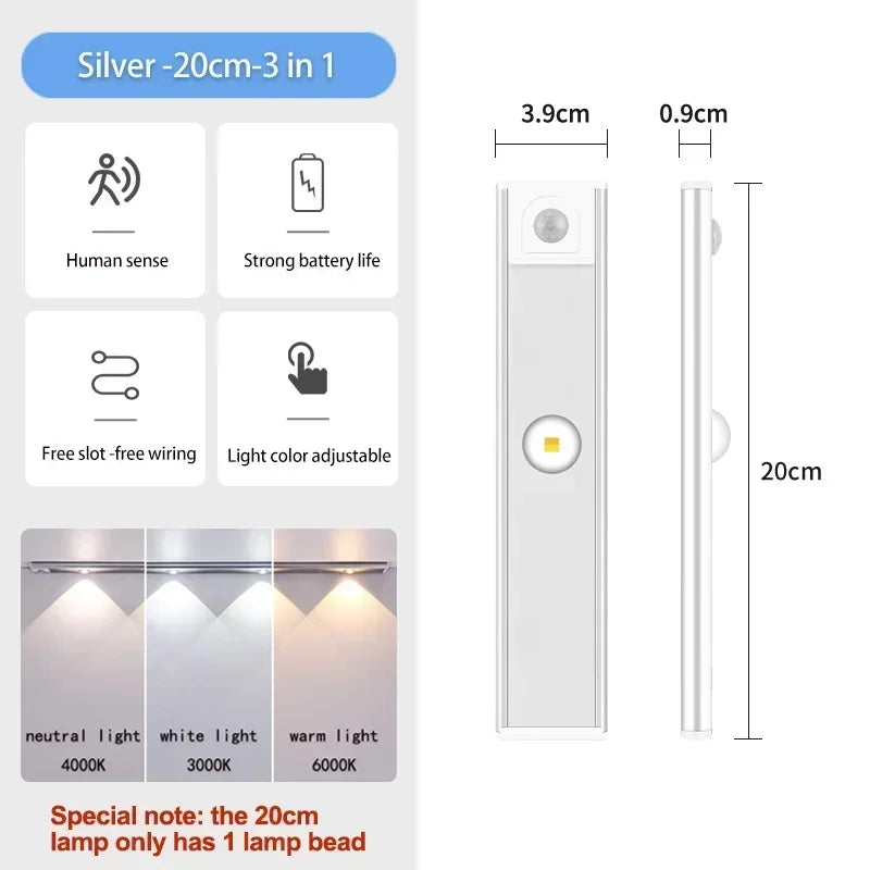 3 in 1 Under Cabinet Lights Wireless Lamp with Motion Sensor Night Lights for Kitchen Bedroom Wardrobe Closet Desk 20/30/40/50CM