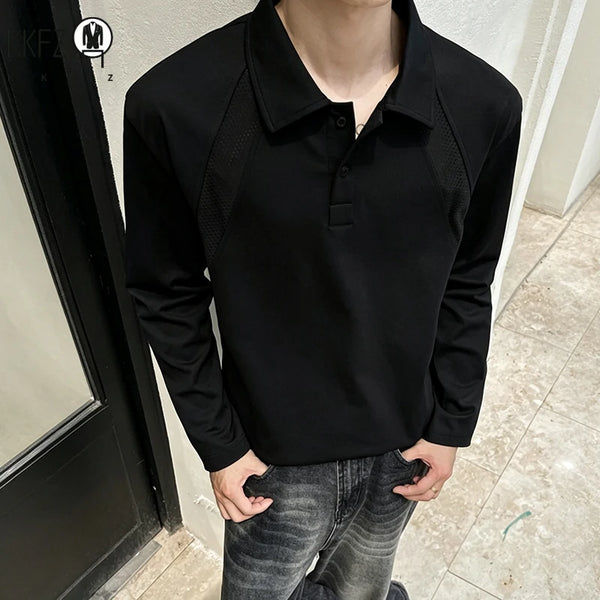 Mens Casual Polo Pullover Lapel Collar Long Sleeve Raglan Cut Button Front Loose Silhouette Mesh Spliced Fabric Daily Outfit