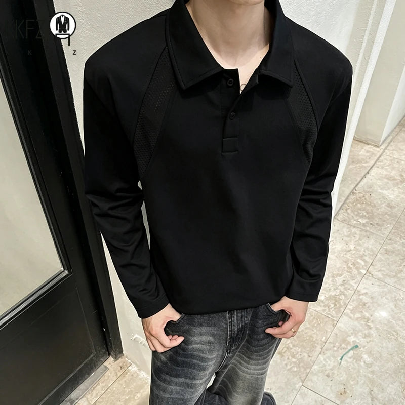 Mens Casual Polo Pullover Lapel Collar Long Sleeve Raglan Cut Button Front Loose Silhouette Mesh Spliced Fabric Daily Outfit