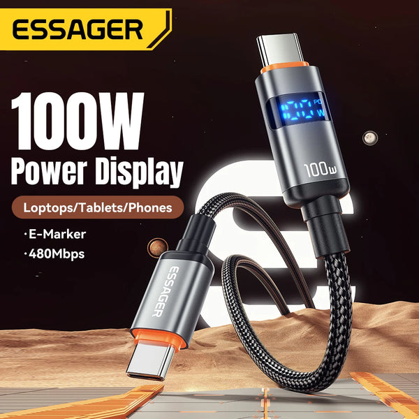 ខ្សែសាក Essager 100W ប្រភេទ C ទៅប្រភេទ C 5A PD សាកលឿន USB C ទៅ USB C សម្រាប់អេក្រង់ Macbook Laptop iPad Xiaomi iPhone 16 15