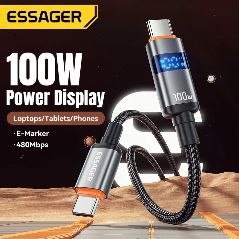 ខ្សែសាក Essager 100W ប្រភេទ C ទៅប្រភេទ C 5A PD សាកលឿន USB C ទៅ USB C សម្រាប់អេក្រង់ Macbook Laptop iPad Xiaomi iPhone 16 15