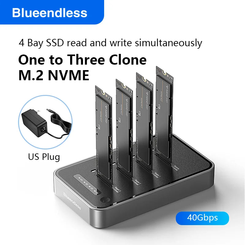 ស្ថានីយ៍ចត SSD M.2 NVME 4 Bay របស់ Blueendless ជាមួយនឹង Offline Clone USB4 40Gbps M2 Nvme PCIE SSD Enclosure External Harddisk Case