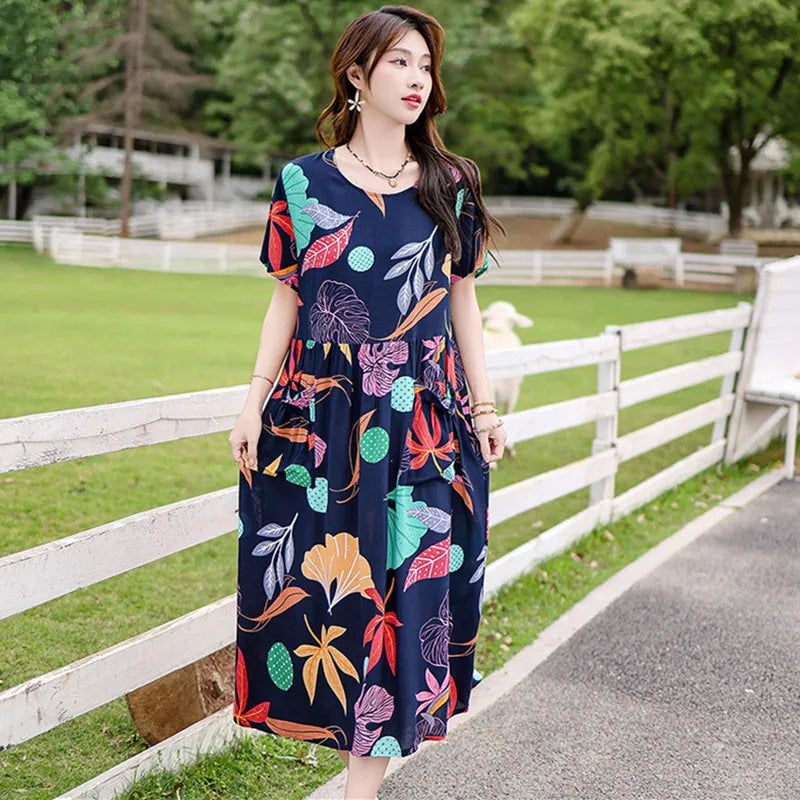 អាវគេងរលុងសម្រាប់នារី XL-5XL រ៉ូបគេងកប្បាសបោះពុម្ពថ្មី អាវគេងនារីដៃខ្លីបែបវីនថេច