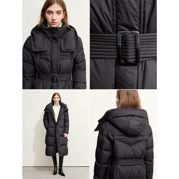 AMII Hooded Down Coats 2026 Winter New Warm With Belt Puff Duck Jacket Women Turtleneck Solid Versatile Slim Long Coat 12524003