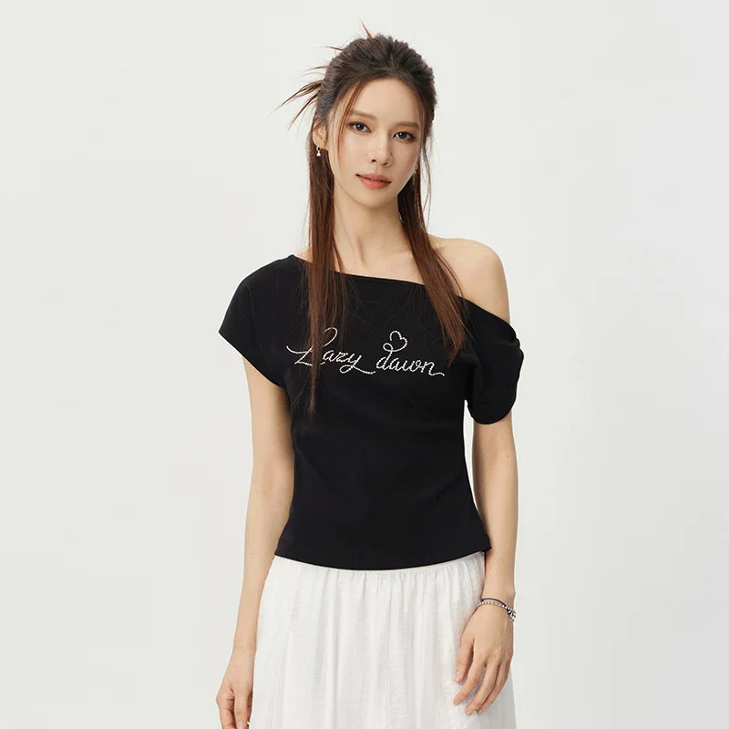 Semir Womens Tshirt 2026 Short Letter Oblique Shoulder Slim Sweet Cool Casual Fashion