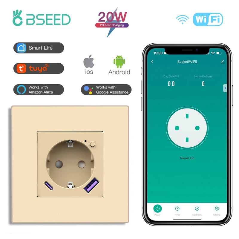 BSEED WIFI Smart Socket With 20W Fast Charge Port Plastic Frame Smart Wall Socket USB Type-C Port Tuya Smart Life Control