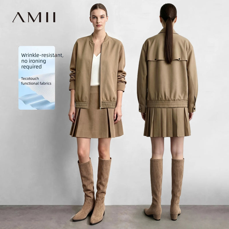 Amii Women Baseball Jacket A-Line Skirt 2 Piece Set Casual Commuter Mini Skirts Autumn 2026 Woman Zip Up Coat Separate 12643077