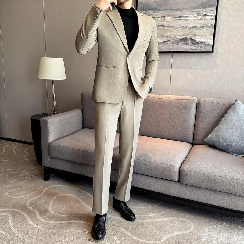 Men's Two-Piece Suit Set (Jacket + Pants) , Metal-Decorated Blazer with Naples Trousers, Casual Smart Wear, Beige Black Brown