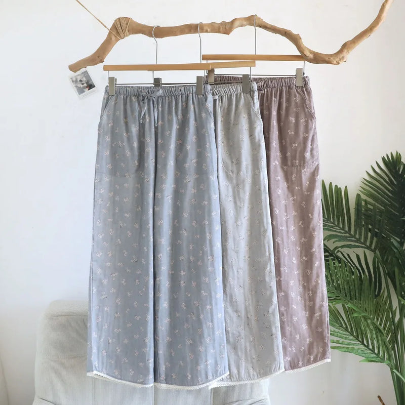 Cotton Women’s Pajama Pants Sleepwear Home Pants Thin Bottoms Spring Summer Casual Floral Printed Homewear Pants Sleeping Wear