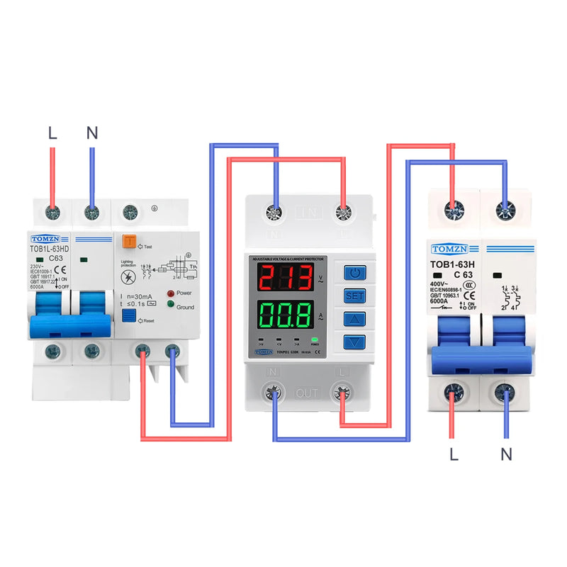 TOMZN Din Rail Adjustable Protector – Over/Under Voltage and Over Current Protection, Disconnects Both L and N AC110V/230V63A