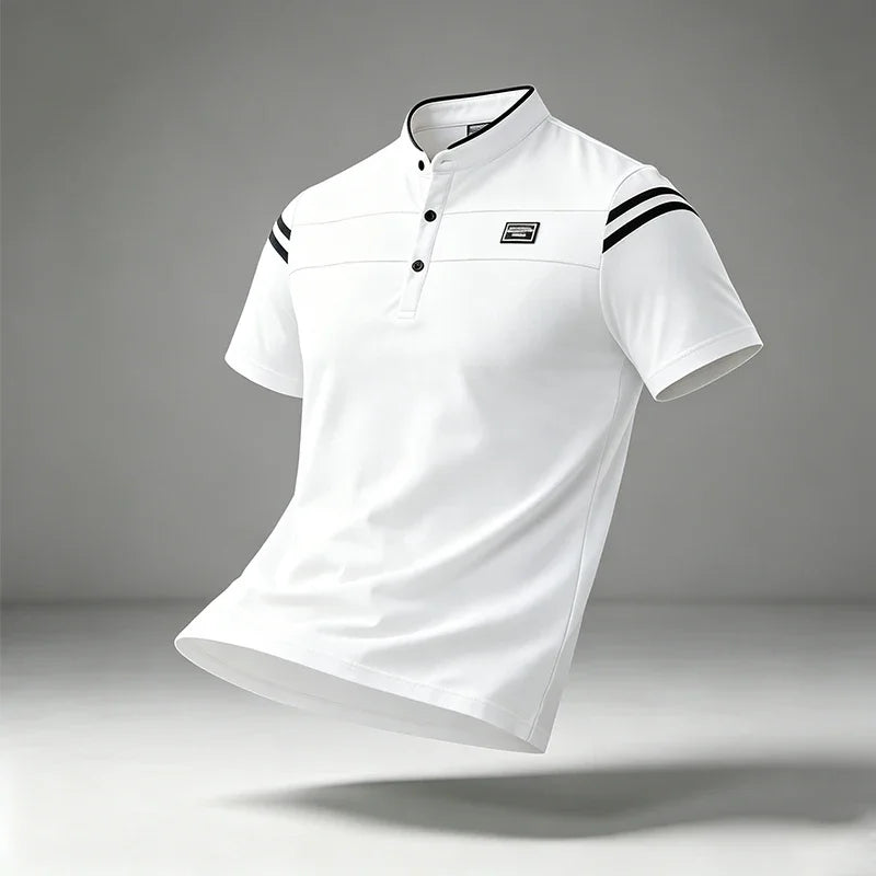 Mens Basic Stand Collar Short Sleeve Polo Top Sleeve Stripes Suitable For Vacation Short Trip And Multiple Leisure Scenes