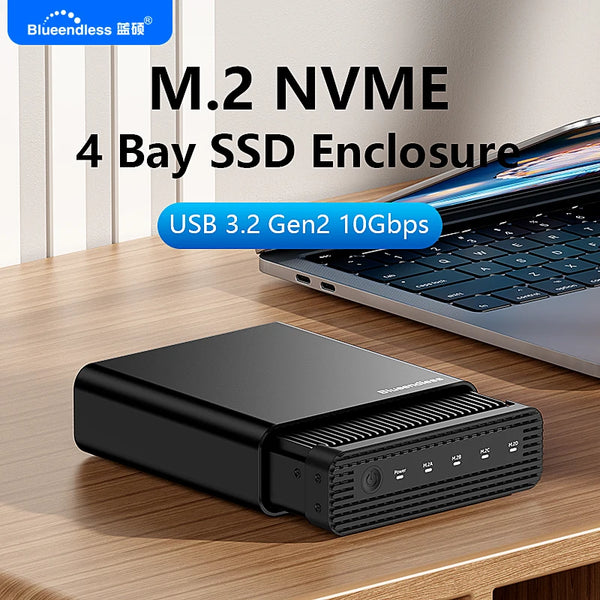 ប្រអប់ ដាក់ SSD ខាងក្រៅ ប្រភេទ PCIe NVME អាលុយមីញ៉ូម M2 4-Bay ប្រភេទ USB C 3.2 Gen2 10Gbps ទៅ Nvme Adapter ប្រភេទ SSD ជាមួយ កង្ហារ ត្រជាក់