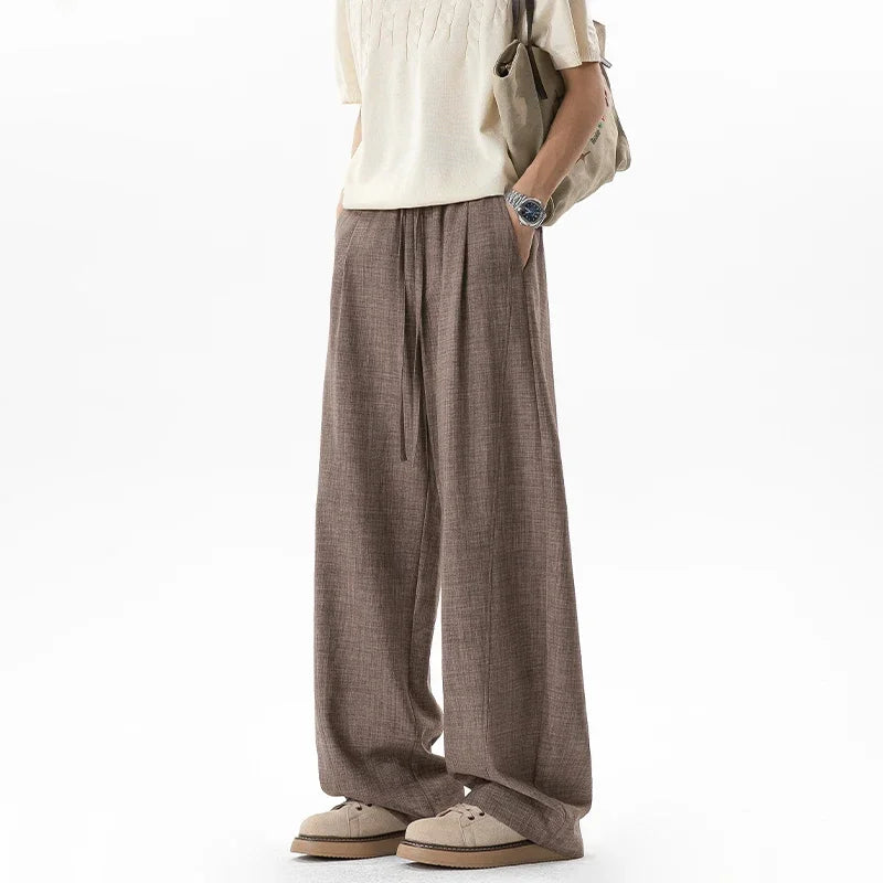 Breathable Linen Texture Wide Leg Trousers Men Elastic Drawstring Waist Side Pockets Versatile Everyday Summer Streetwear