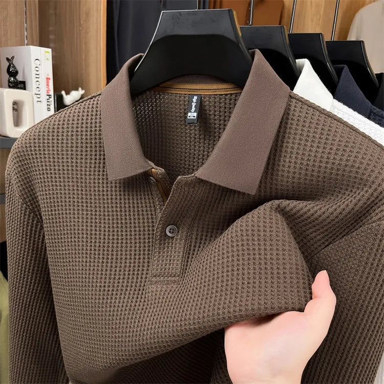 Men's Long Sleeve Waffle Knit Polo Shirt – Soft Cotton Blend, Slim Fit, Casual Business Top for Autumn Winter, Multi-Color