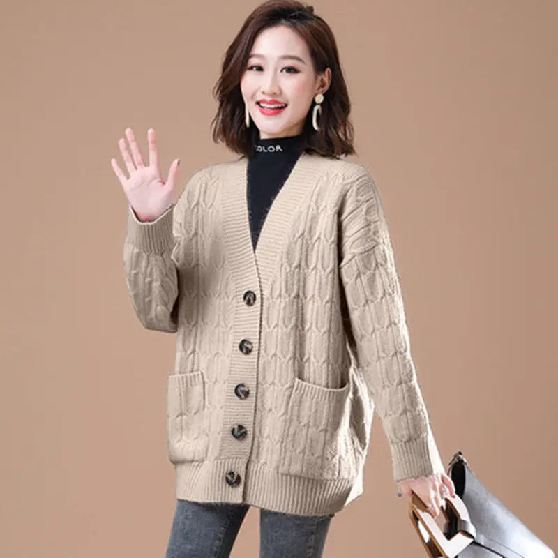 Spring Autumn New Korean Fried Dough Twist Cardigan Coat Women Fashion Loose Sweater V Neck Knitwears Long Sleeve Tops