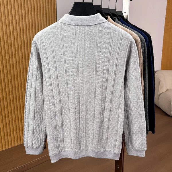 Men's Long Sleeve Waffle Knit Polo Shirt – 100% Cotton, Slim Fit, Business Casual Top for Autumn Winter
