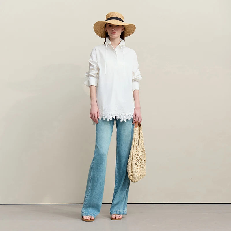 Amii Woman Autumn Shirt 2026 New Elegant Commuter Lapel Shirt Lace Patchwork Loose Cotton Casual Long Sleeve Top 12621011