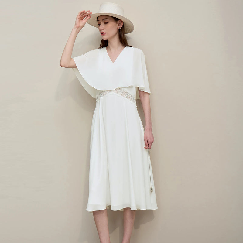 Amii Women's Dress 2026 Summer V Neck Lace Cutout Fitted Waist Women's Casual Dresses Holiday Slim Chiffon Midi Skirt 12652057
