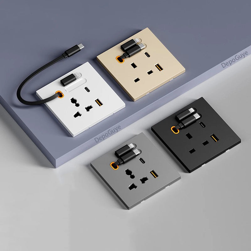 86 Type Universal 20W USB Type-C Socket Panel With Expandable Charging Cable Outlet,UK Mobile phone charging Type-c Socket