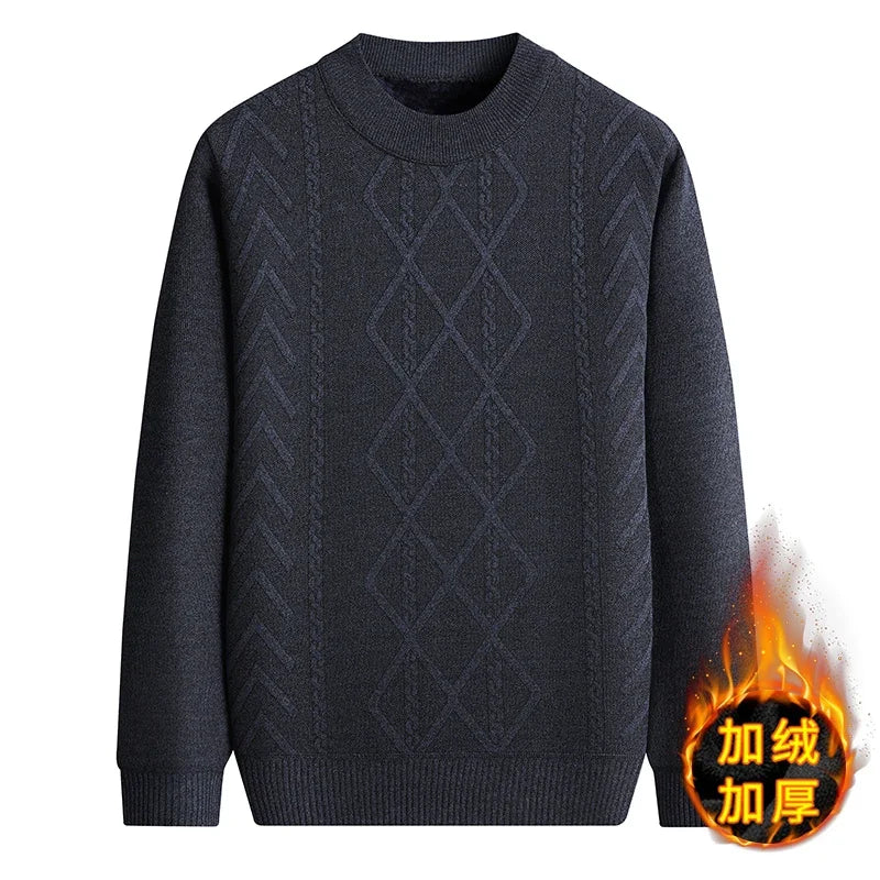 Thick Fleece Men Crew Neck Jumper Vintage Cable and Diamond Woven Texture Soft Knit Fabric Outdoor Daily Warm Top