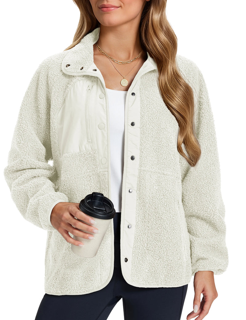 TACVASEN Women's Stand Collar Sherpa Fleece Jacket Winter Warm Lightweight Fuzzy Button Down Coat 3 Zipper Pockets Casual Jacket