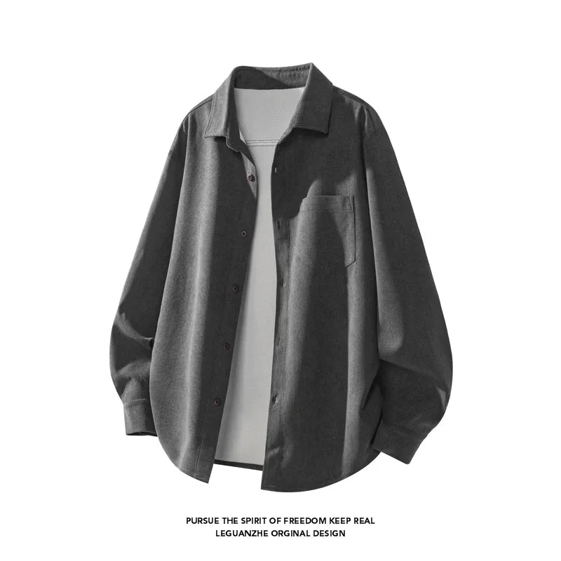 Men Minimalist Oversized Corduroy Top Lapel Collar Button Down Chest Pocket For Everyday Urban Casual Dressing
