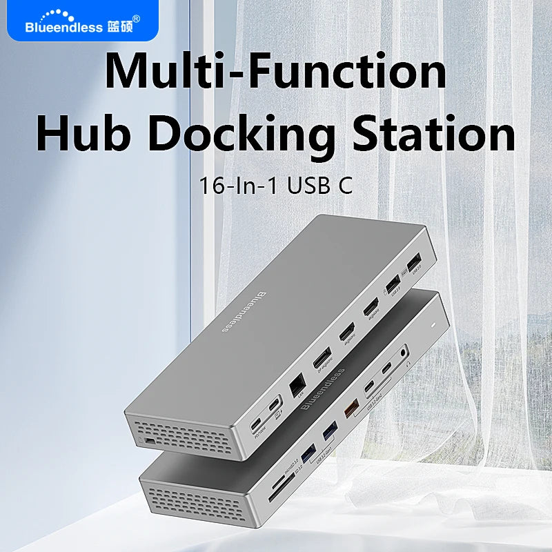 Blueendless 16 ក្នុង 1 ជាមួយម៉ូនីទ័របី 4K អេក្រង់ប្រភេទ C Hub ស្ថានីយ៍ចត Lan RJ45 អាដាប់ទ័រ 10Gbps USB 3.2 Hub SD/TF Reader