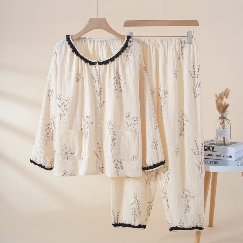 Women's Pajamas Suit Autumn New Long-sleeved Trousers Two-piece 100% Cotton Sleepwear Night Wear for Ladies 2PCS Pjs Woman Set