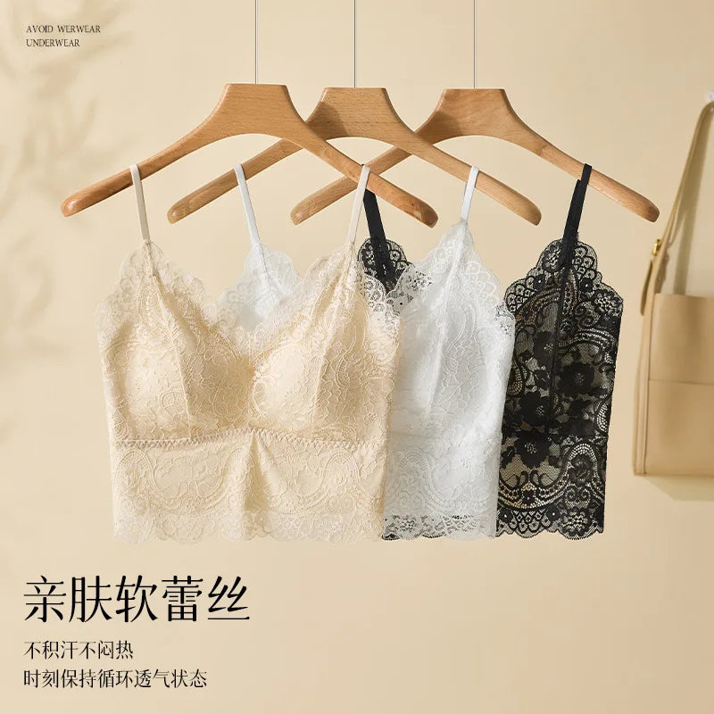 French Sexy Lace Chest Pad Suspender Top Beautiful Back Integrated Bra Bottom Vest for Women One Piece Pajamas Underwear