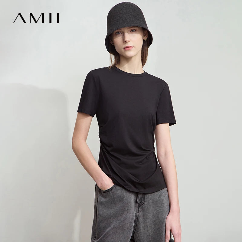 អាវយឺត Amii Minimalist សម្រាប់នារី ក O ផ្នត់ ចង្កេះតូច អាវយឺតប៉ាក់កប្បាស ប្រឆាំងបាក់តេរី 12522045