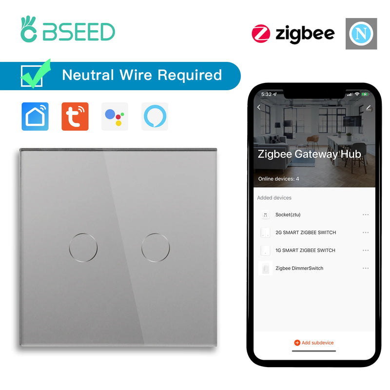 BSEED Zigbee Touch Switch 1/2/3Gang 1/2/3Way Smart Wall Switch Tuya Google Home App Alexa Voice Control Need Neutral Wire