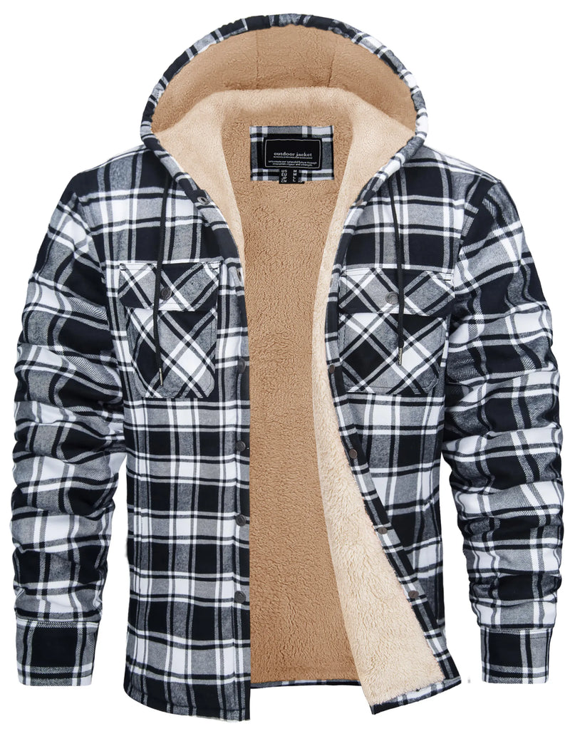 TACVASEN Mens Sherpa Lined Flannel Hoodies Jacket Heavyweight Hooded Fleece Thicken Warm Button Down Plaid Jacket Outwear Coats