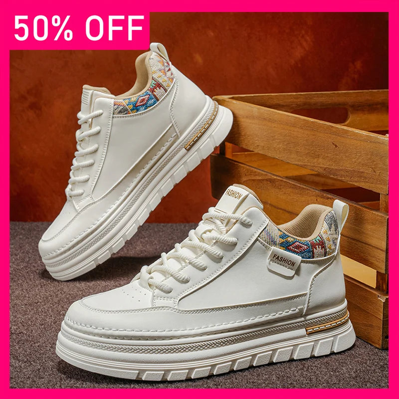 Men Sports Shoes Thick Soles Anti Slip Wear-resistant Retro Leather Breathable Fashionable Versatile Street Sports Walking Shoes