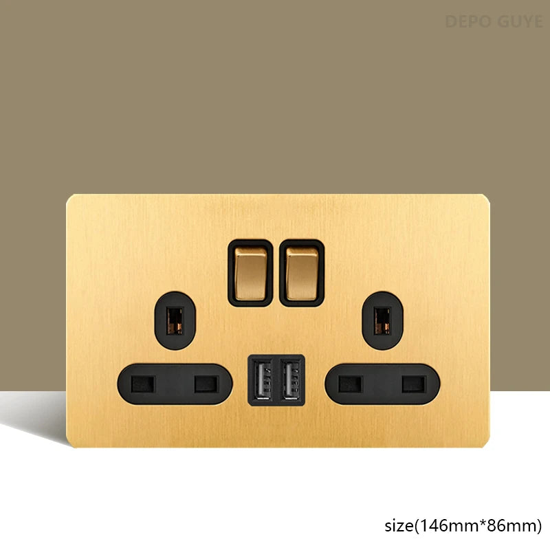 Retro Wall Light Toggle Switch Dual EU FR Socket Gold Stainless Steel Brushed Panel  Vintage Brass Lever For Home Improvement