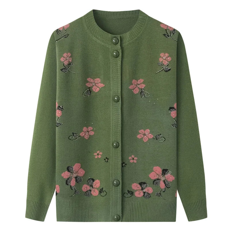 New Middle-Aged Women's Autumn Sweaters Cardigan Coat Female O-Neck Embroidered Knitting Sweater Mother Long Sleeve Tops
