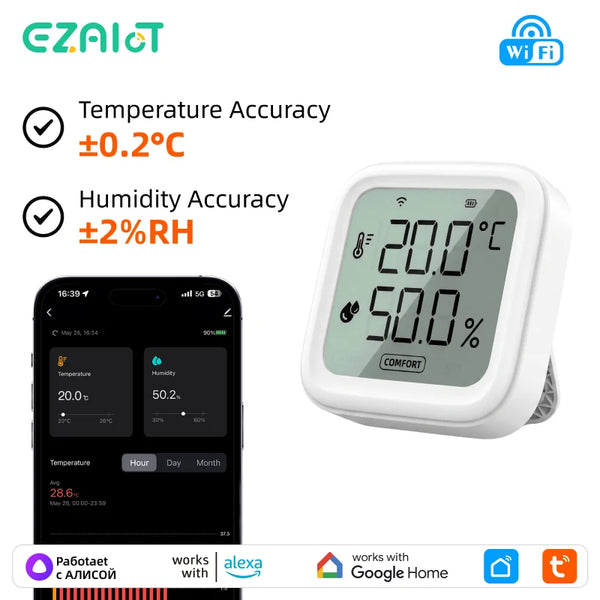 WiFi Temperature Humidity Sensor Smart Tuya Low-Power Indoor Thermometer Hygrometer Monitor with Backlight Alexa Google Home